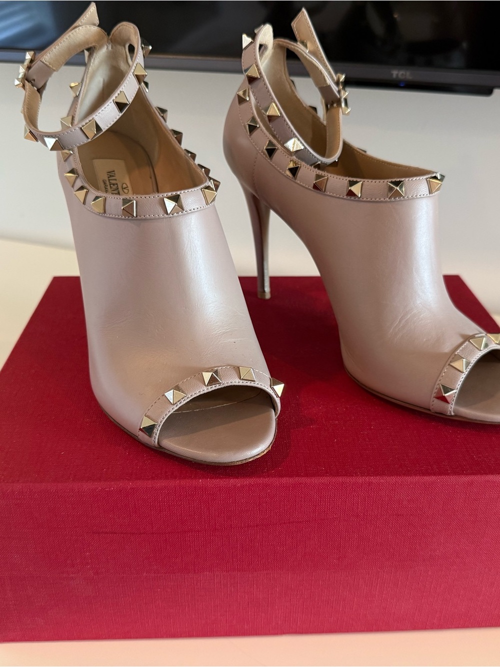 Valentino Garavani Nude Pink Leather Peep-Toe Rockstud Ankle Booties